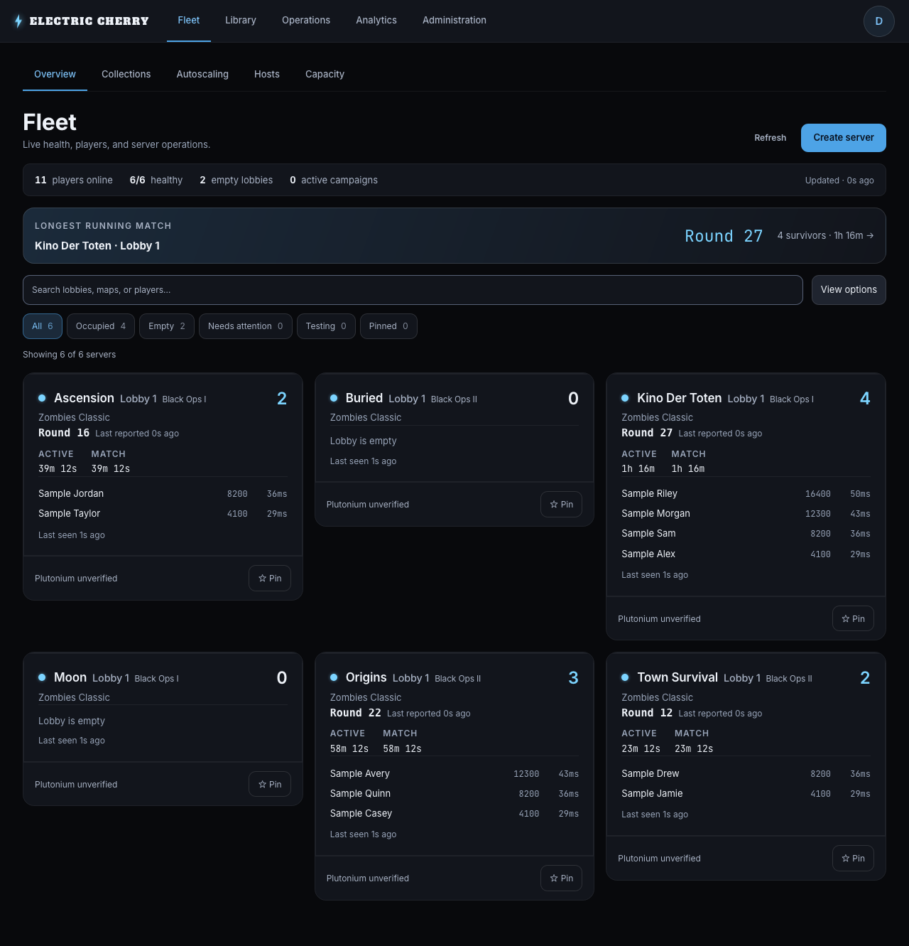 Fleet overview showing sample T5 and T6 lobbies, player counts, and match rounds